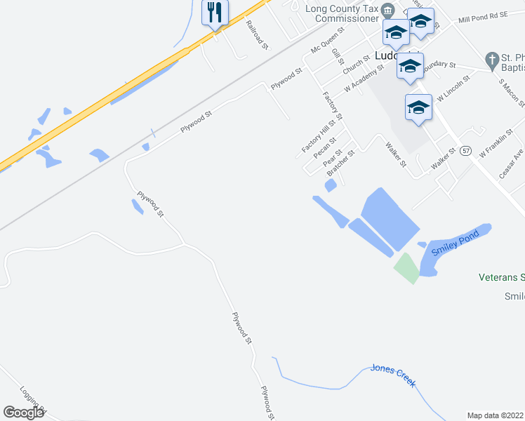 map of restaurants, bars, coffee shops, grocery stores, and more near 47 Pecan Drive Northeast in Ludowici