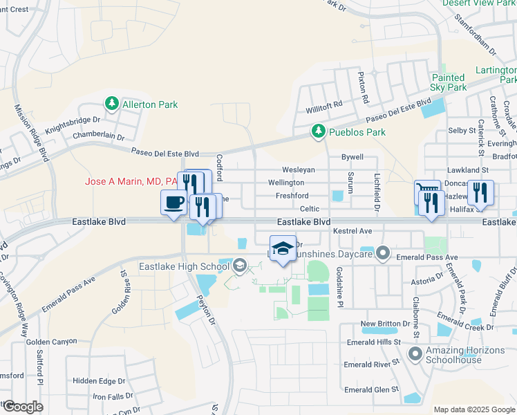 map of restaurants, bars, coffee shops, grocery stores, and more near 13100 Celtic in El Paso