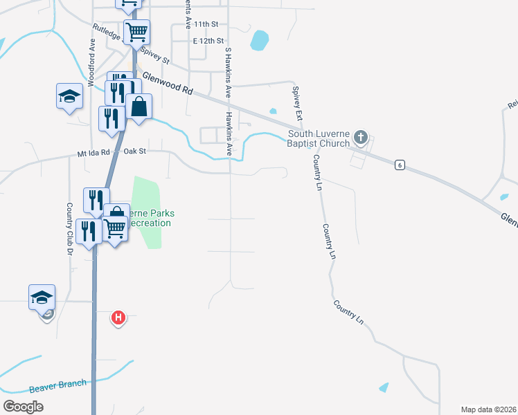 map of restaurants, bars, coffee shops, grocery stores, and more near 1171 Hawkins Avenue in Luverne