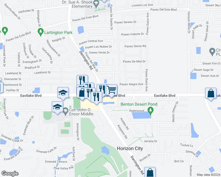 map of restaurants, bars, coffee shops, grocery stores, and more near 13712 Paseo De Fe Circle in Horizon City