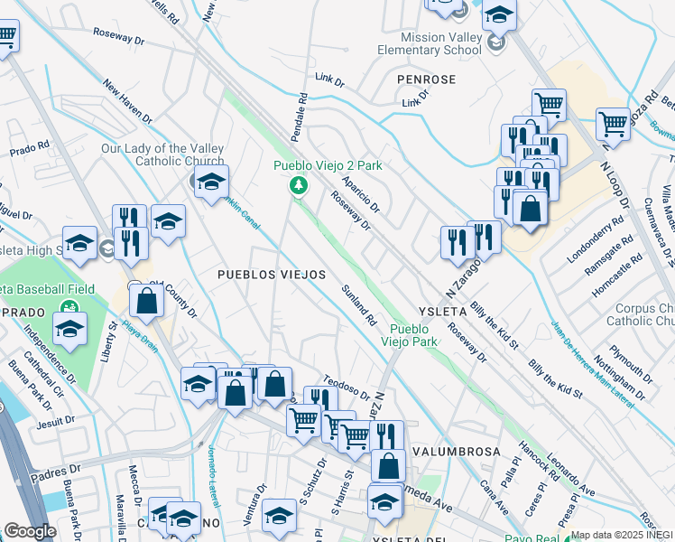 map of restaurants, bars, coffee shops, grocery stores, and more near 8857 Sunland Road in El Paso