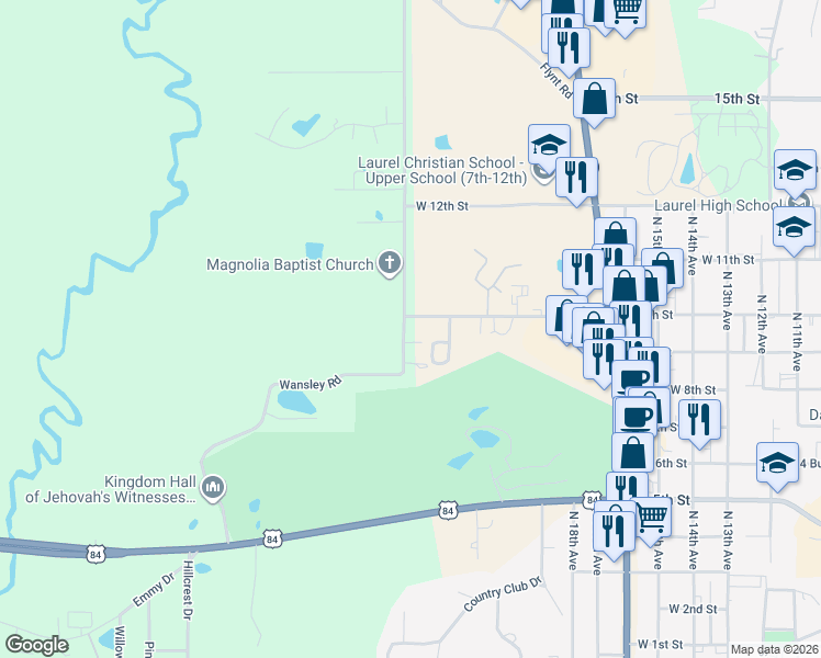 map of restaurants, bars, coffee shops, grocery stores, and more near 72-98 Wansley Road in Laurel