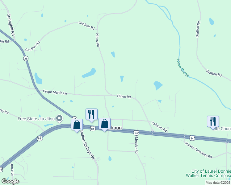 map of restaurants, bars, coffee shops, grocery stores, and more near Hines Road in Laurel