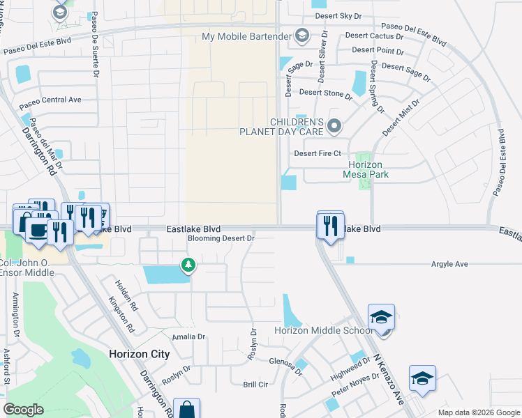 map of restaurants, bars, coffee shops, grocery stores, and more near 14009 Blooming Desert Drive in Horizon City