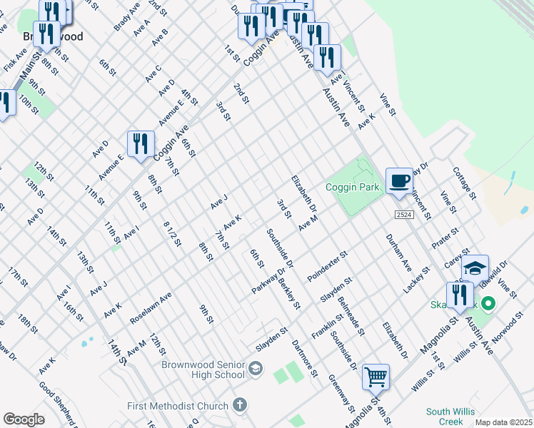 map of restaurants, bars, coffee shops, grocery stores, and more near 1909 4th Street in Brownwood