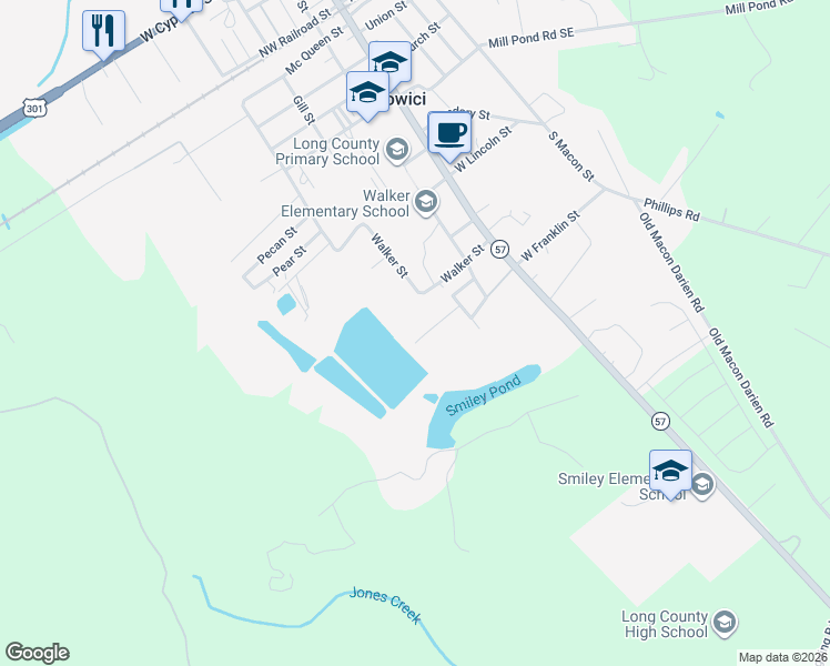 map of restaurants, bars, coffee shops, grocery stores, and more near 18 Walker Street in Ludowici