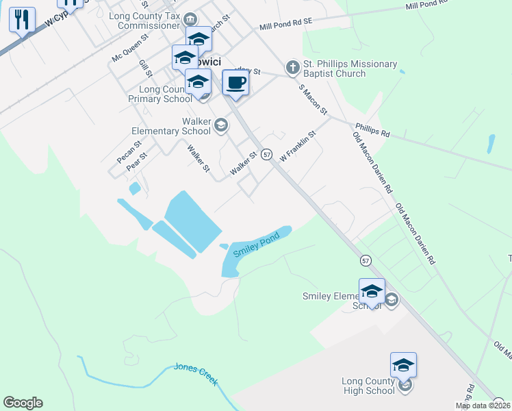 map of restaurants, bars, coffee shops, grocery stores, and more near Frasier in Ludowici