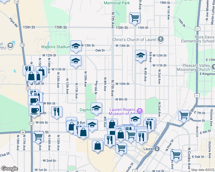 map of restaurants, bars, coffee shops, grocery stores, and more near 799 West 10th Street in Laurel
