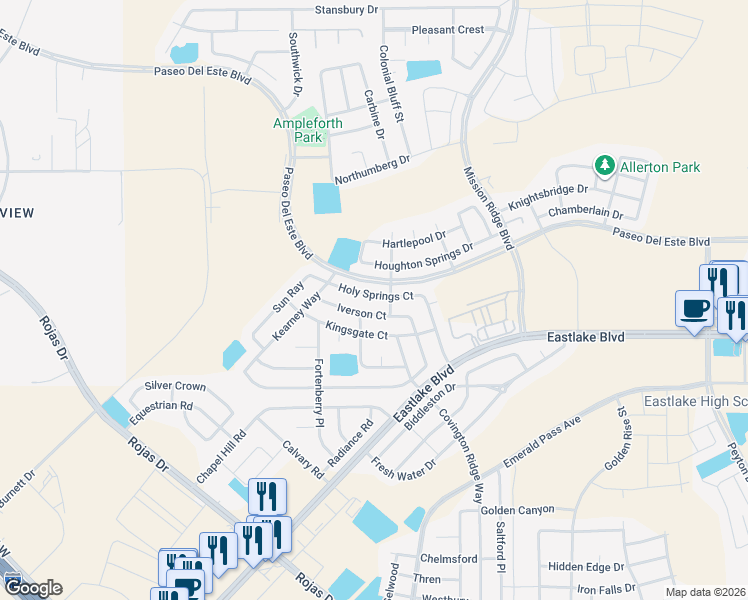 map of restaurants, bars, coffee shops, grocery stores, and more near 12229 Holy Springs Court in El Paso