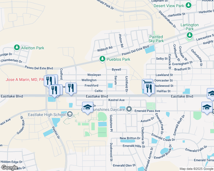 map of restaurants, bars, coffee shops, grocery stores, and more near Emerald Sands in El Paso