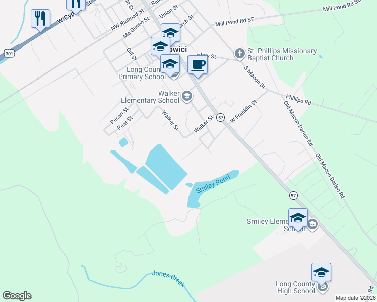 map of restaurants, bars, coffee shops, grocery stores, and more near 18 Walker Street in Ludowici