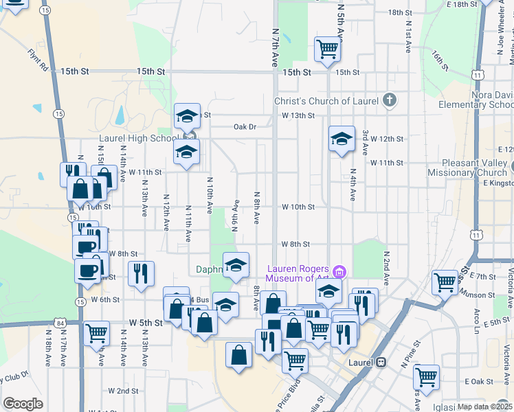 map of restaurants, bars, coffee shops, grocery stores, and more near 799 West 10th Street in Laurel