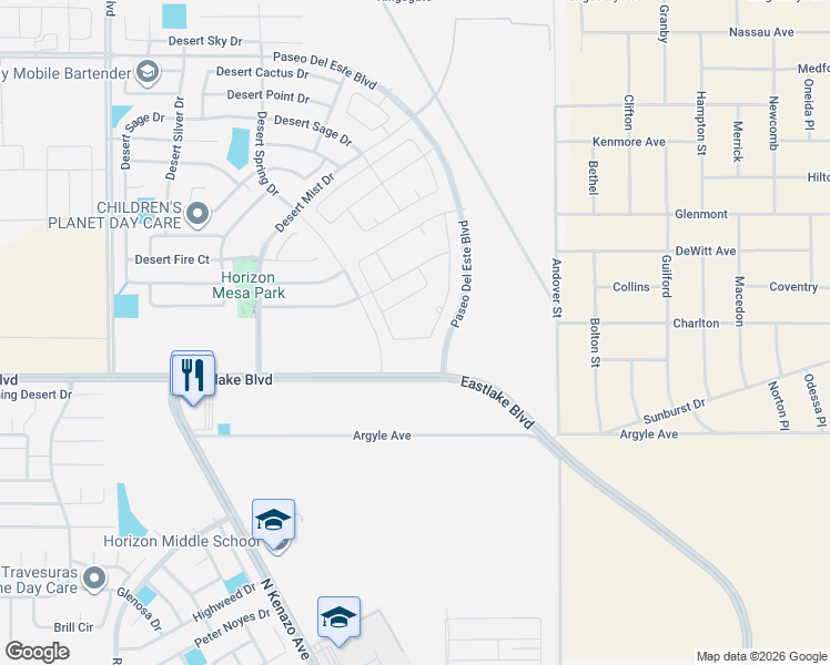 map of restaurants, bars, coffee shops, grocery stores, and more near Paseo Del Este Boulevard in Horizon City