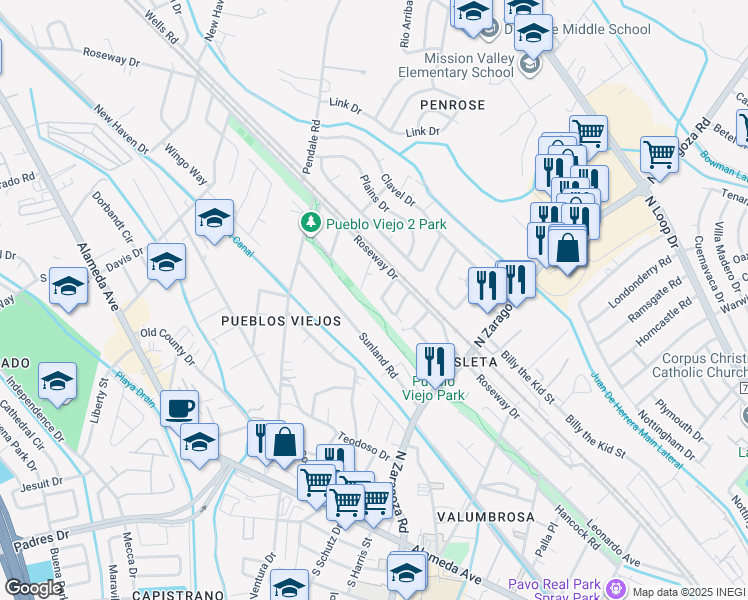 map of restaurants, bars, coffee shops, grocery stores, and more near 8816 Dulce Circle in El Paso