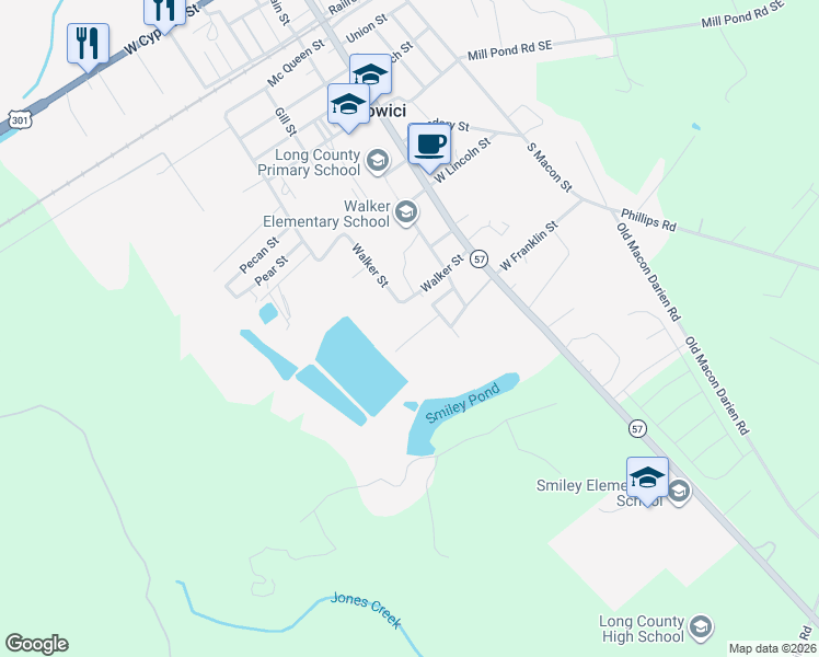 map of restaurants, bars, coffee shops, grocery stores, and more near 18 Walker Street in Ludowici