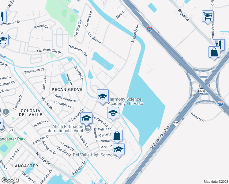 map of restaurants, bars, coffee shops, grocery stores, and more near 9411 Ariel Rico Court in El Paso