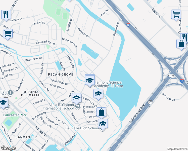 map of restaurants, bars, coffee shops, grocery stores, and more near 9411 Ariel Rico Court in El Paso