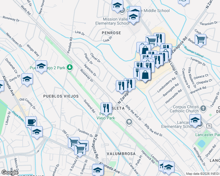 map of restaurants, bars, coffee shops, grocery stores, and more near 339 Mirasol Drive in El Paso