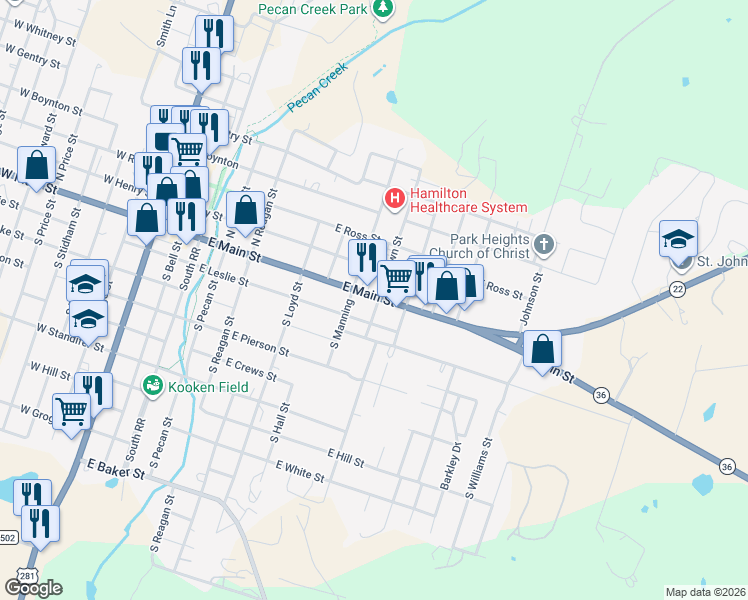 map of restaurants, bars, coffee shops, grocery stores, and more near 818 East Main Street in Hamilton