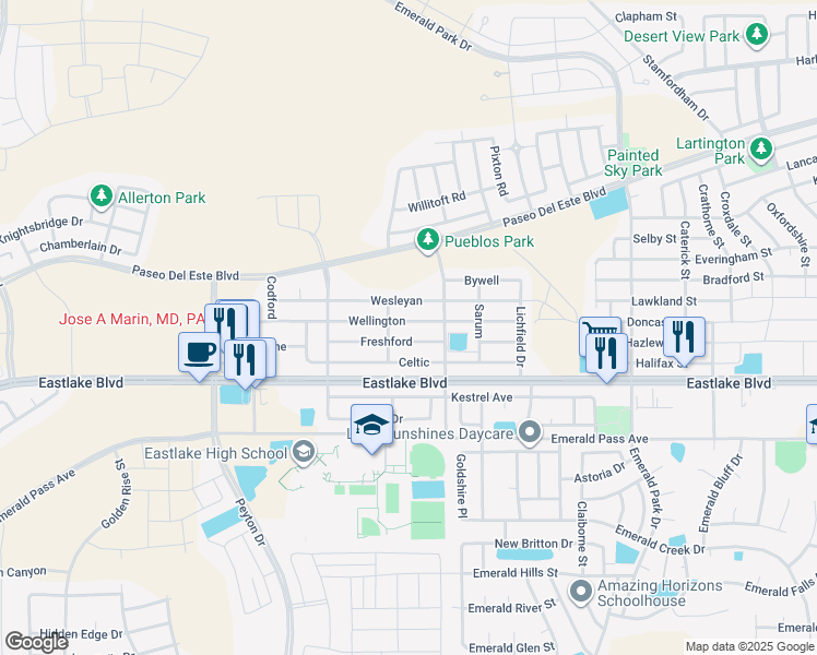 map of restaurants, bars, coffee shops, grocery stores, and more near 13166 Wellington in Horizon City