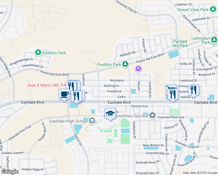map of restaurants, bars, coffee shops, grocery stores, and more near 13136 Wellington in Horizon City