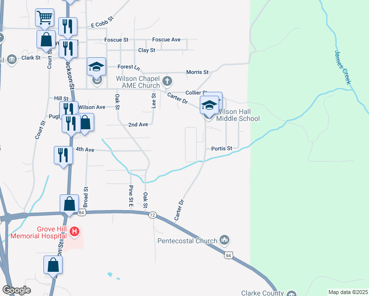 map of restaurants, bars, coffee shops, grocery stores, and more near 301 Forest Lane in Grove Hill