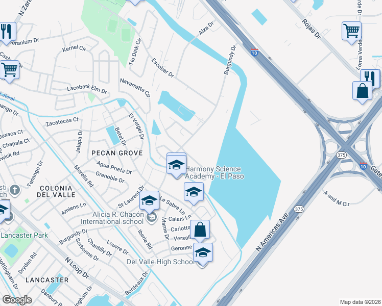 map of restaurants, bars, coffee shops, grocery stores, and more near 9411 Ariel Rico Ct in El Paso
