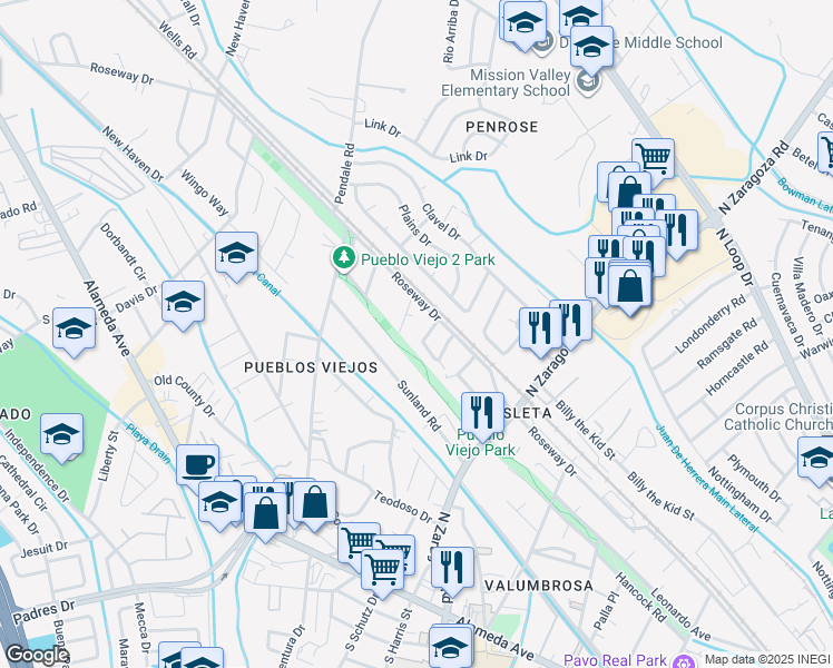 map of restaurants, bars, coffee shops, grocery stores, and more near 8816 Dulce Circle in El Paso