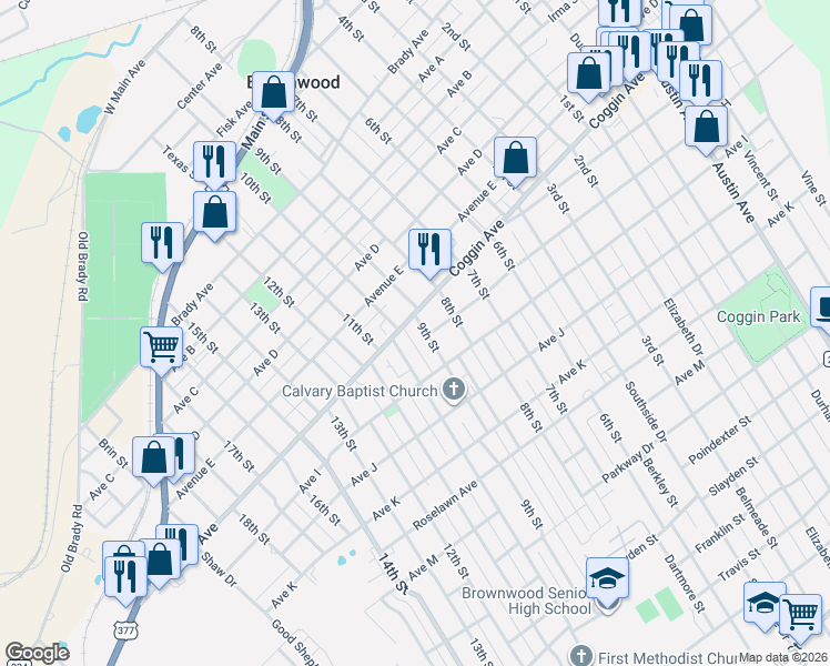 map of restaurants, bars, coffee shops, grocery stores, and more near 1507 9th Street in Brownwood