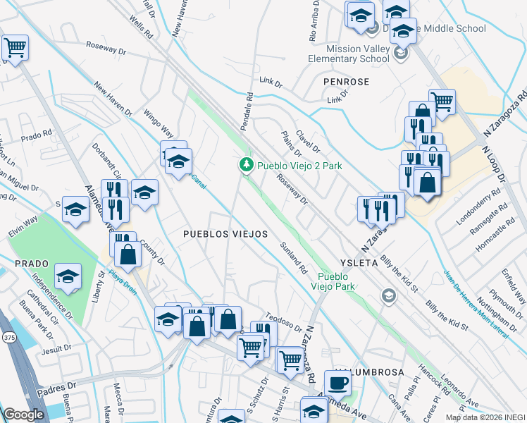 map of restaurants, bars, coffee shops, grocery stores, and more near 8833 Sunland Road in El Paso