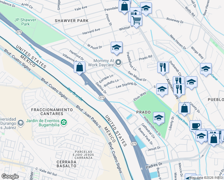 map of restaurants, bars, coffee shops, grocery stores, and more near 8508 Lee Starling Drive in El Paso