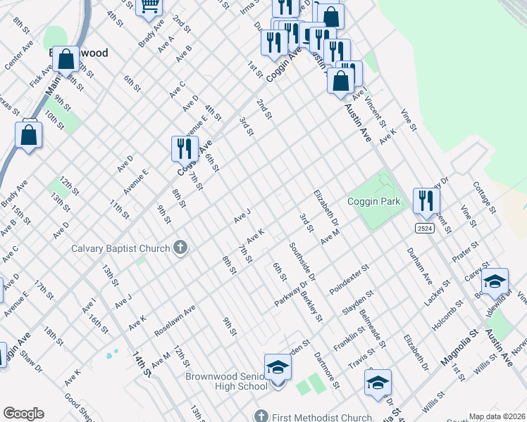 map of restaurants, bars, coffee shops, grocery stores, and more near 1604 Avenue J in Brownwood