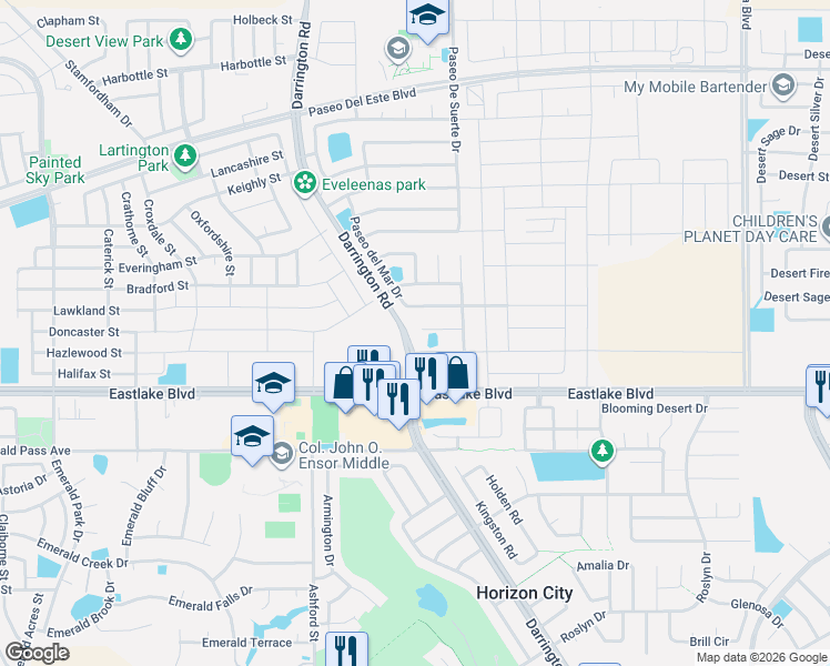 map of restaurants, bars, coffee shops, grocery stores, and more near 13700 Paseo Rico Circle in Horizon City
