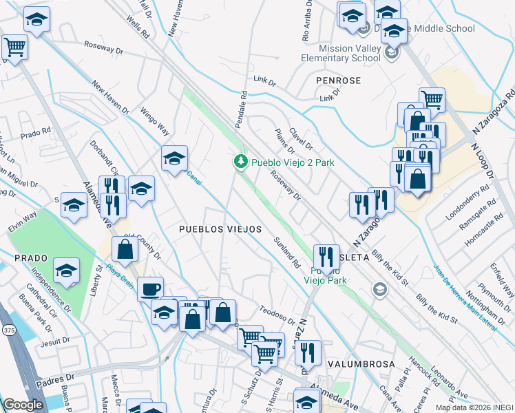 map of restaurants, bars, coffee shops, grocery stores, and more near 8833 Sunland Road in El Paso