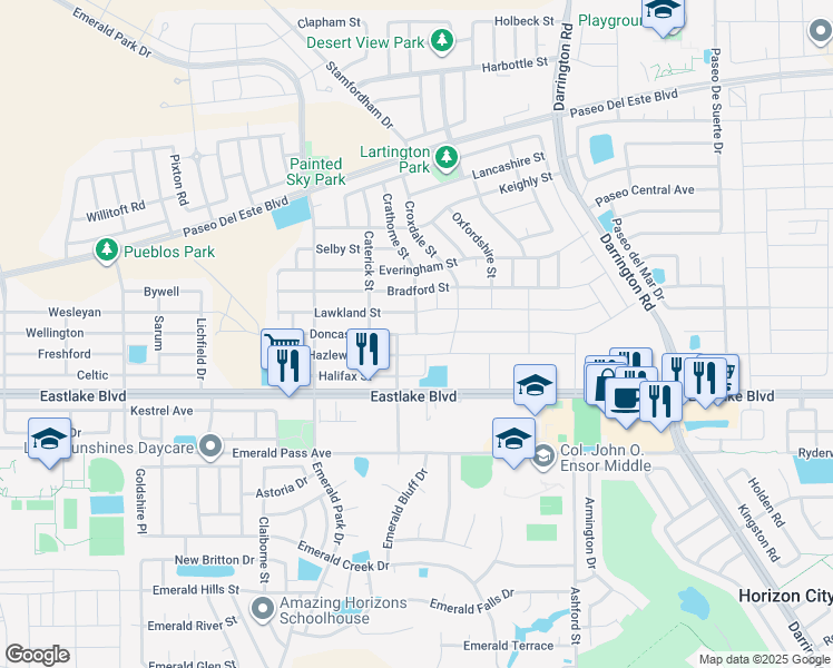 map of restaurants, bars, coffee shops, grocery stores, and more near Doncaster in El Paso