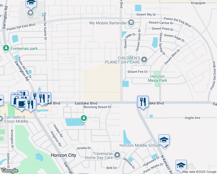 map of restaurants, bars, coffee shops, grocery stores, and more near Paseo Alegre Avenue in El Paso
