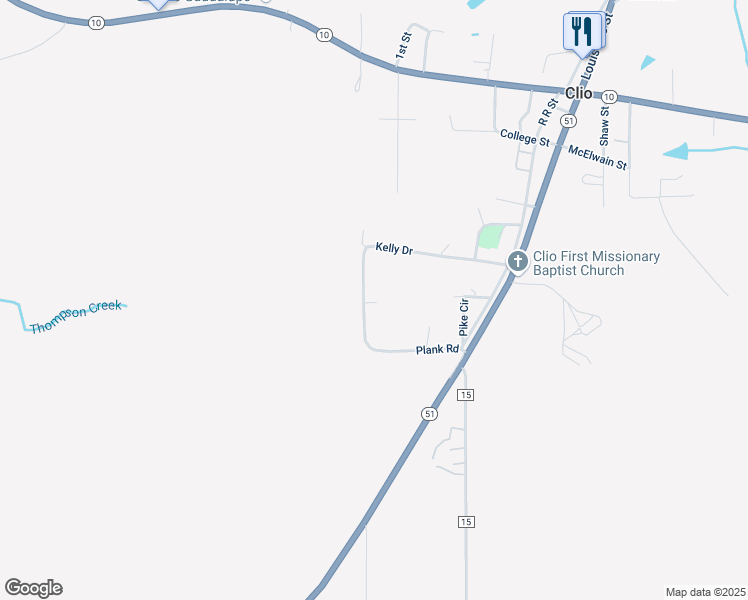 map of restaurants, bars, coffee shops, grocery stores, and more near 100 Kelly Drive in Clio