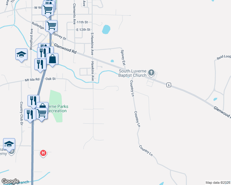 map of restaurants, bars, coffee shops, grocery stores, and more near 1019 Hawkins Avenue in Luverne