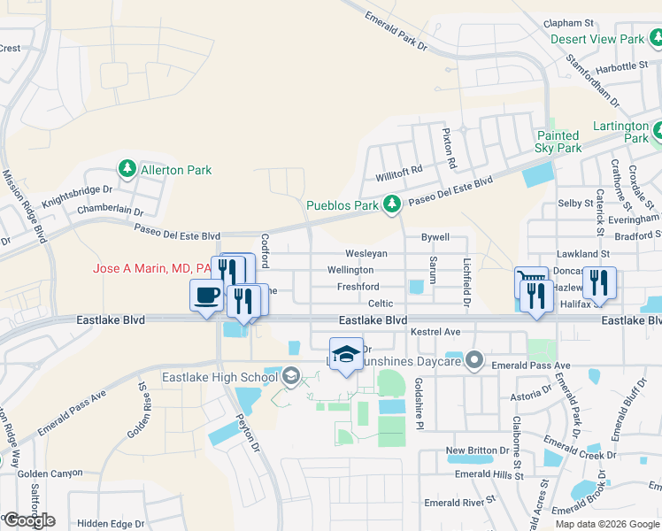 map of restaurants, bars, coffee shops, grocery stores, and more near 13136 Wellington in Horizon City