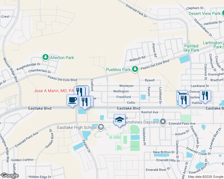 map of restaurants, bars, coffee shops, grocery stores, and more near 13100 Wellington in Horizon City