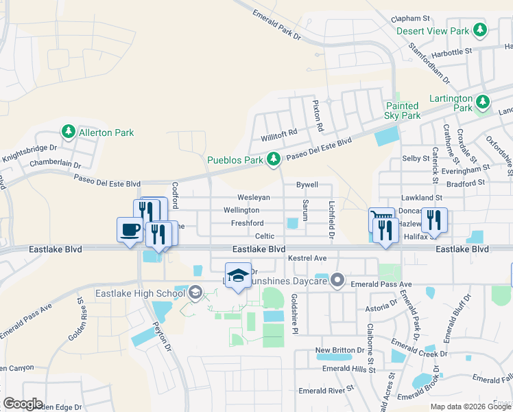 map of restaurants, bars, coffee shops, grocery stores, and more near 13166 Wellington in Horizon City