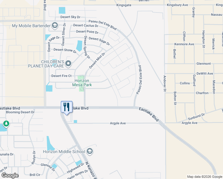 map of restaurants, bars, coffee shops, grocery stores, and more near 14380 Desert Wind Drive in Horizon City