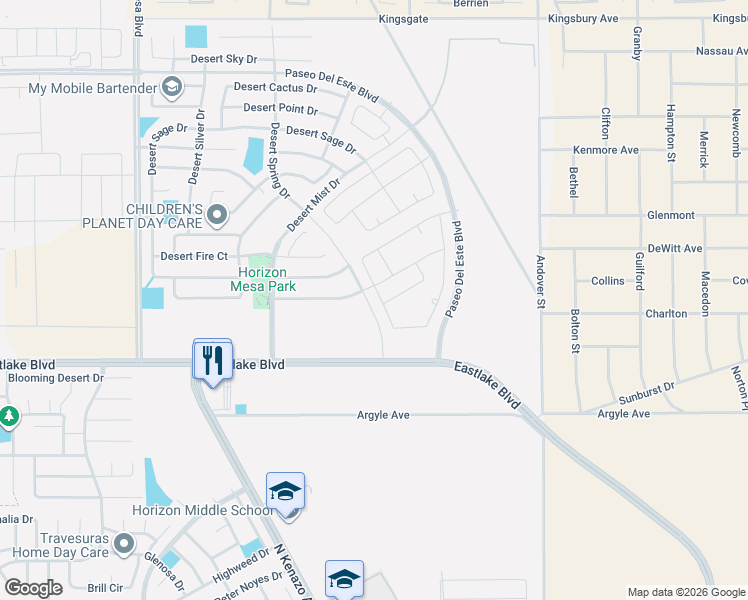 map of restaurants, bars, coffee shops, grocery stores, and more near 14368 Desert Wind Drive in Horizon City