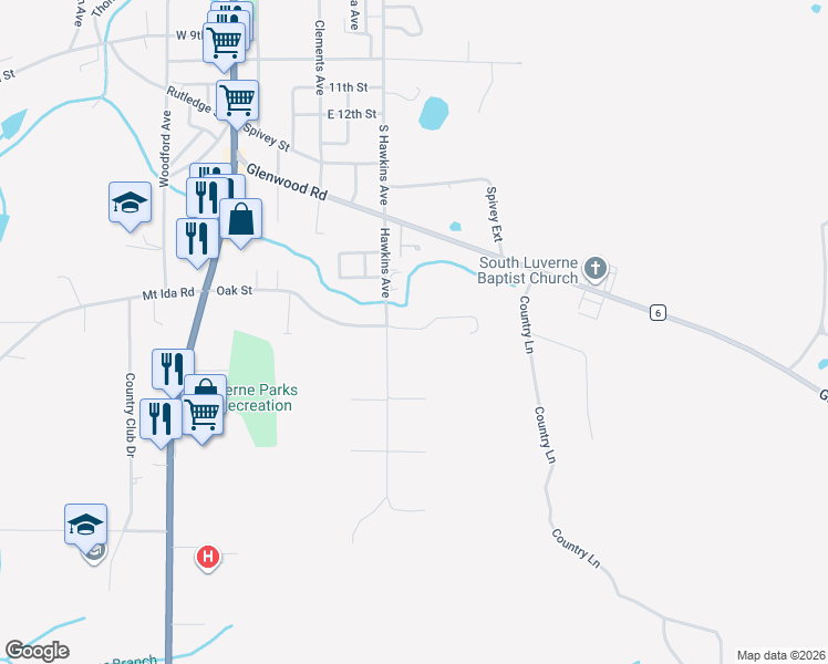 map of restaurants, bars, coffee shops, grocery stores, and more near 1171 Hawkins Avenue in Luverne