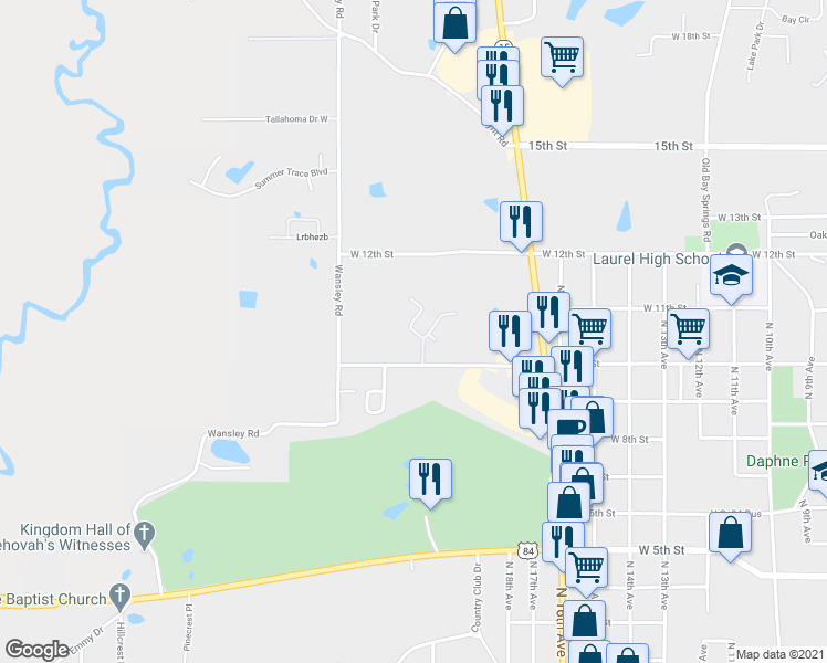 map of restaurants, bars, coffee shops, grocery stores, and more near West Hill Drive in Laurel