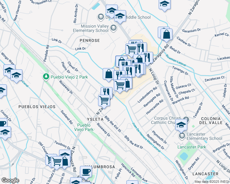 map of restaurants, bars, coffee shops, grocery stores, and more near 375 North Zaragoza Road in El Paso