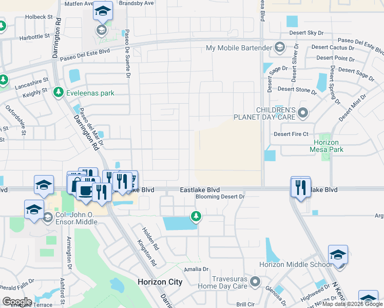 map of restaurants, bars, coffee shops, grocery stores, and more near Paseo Alegre Avenue in El Paso