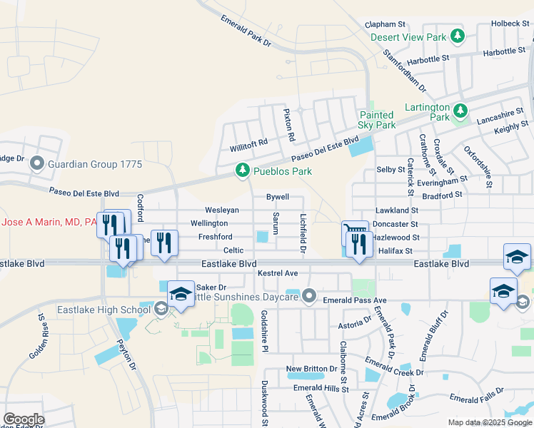 map of restaurants, bars, coffee shops, grocery stores, and more near 13216 Wellington in El Paso