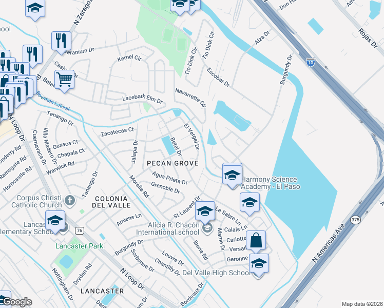 map of restaurants, bars, coffee shops, grocery stores, and more near 9376 El Vergel Drive in El Paso