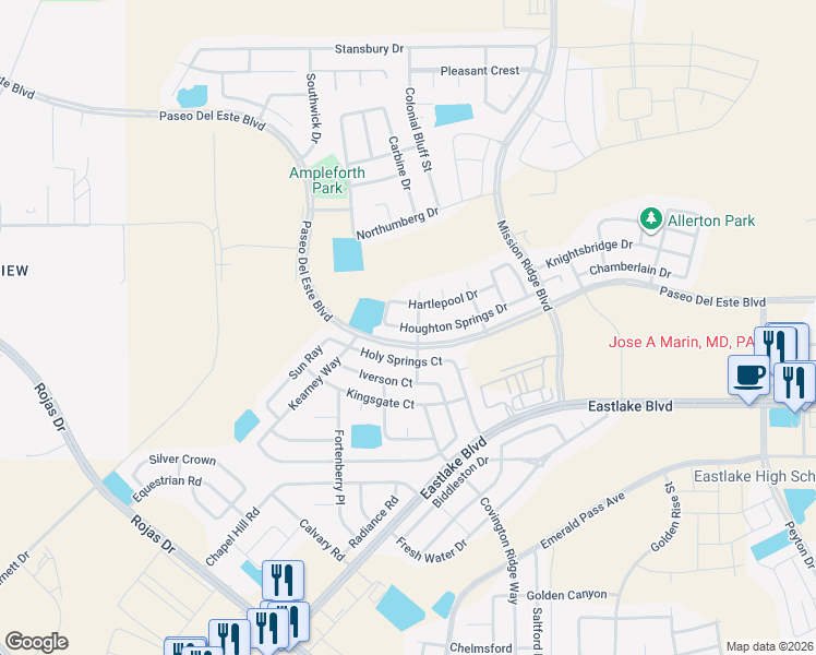 map of restaurants, bars, coffee shops, grocery stores, and more near 12252 Hartlepool in El Paso